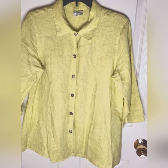 Click M LemonGreen 3/4Sleeve  ButtonsPlit Back 100% LINEN Buttons Up Women Shirt - Picture 1 of 9